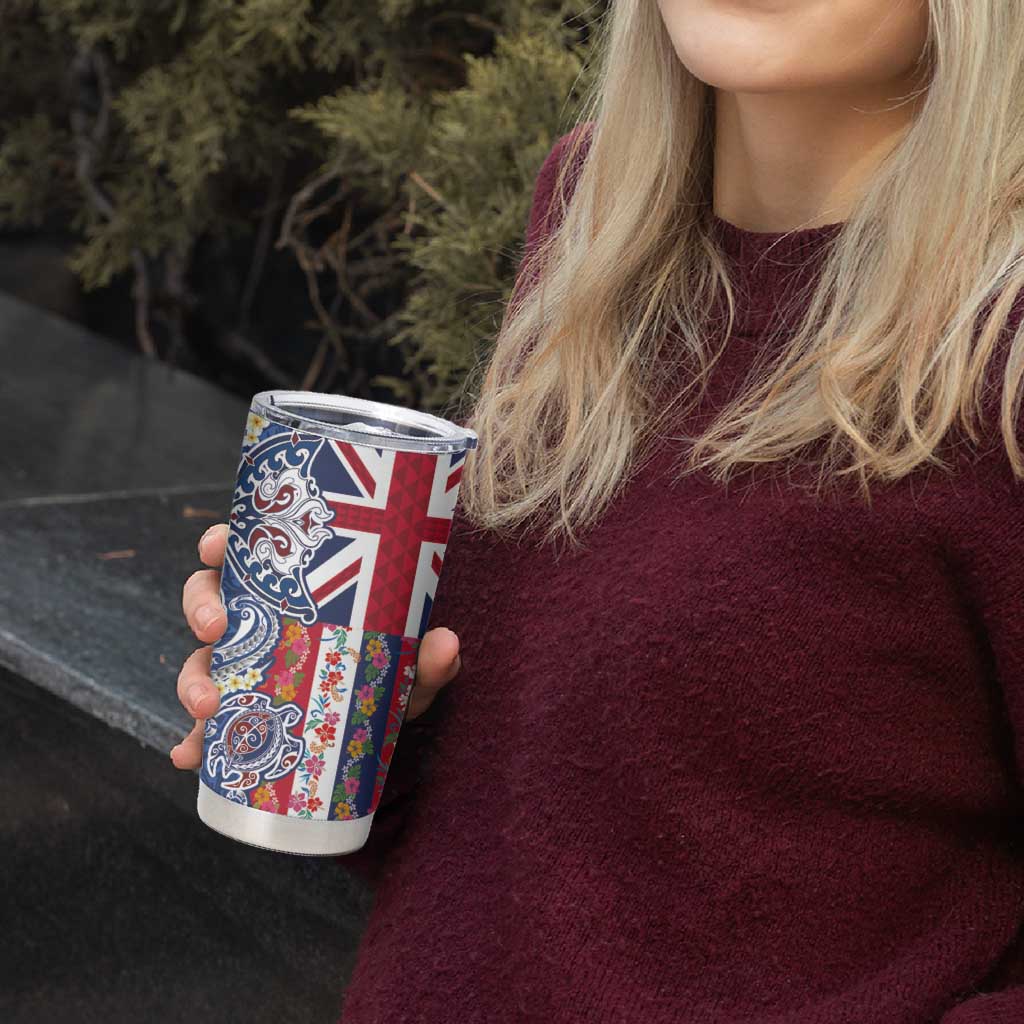 Hawaiian Manta Ray and Turtle Tribal Tattoo Tumbler Cup With Hawaii Flag and Flowers