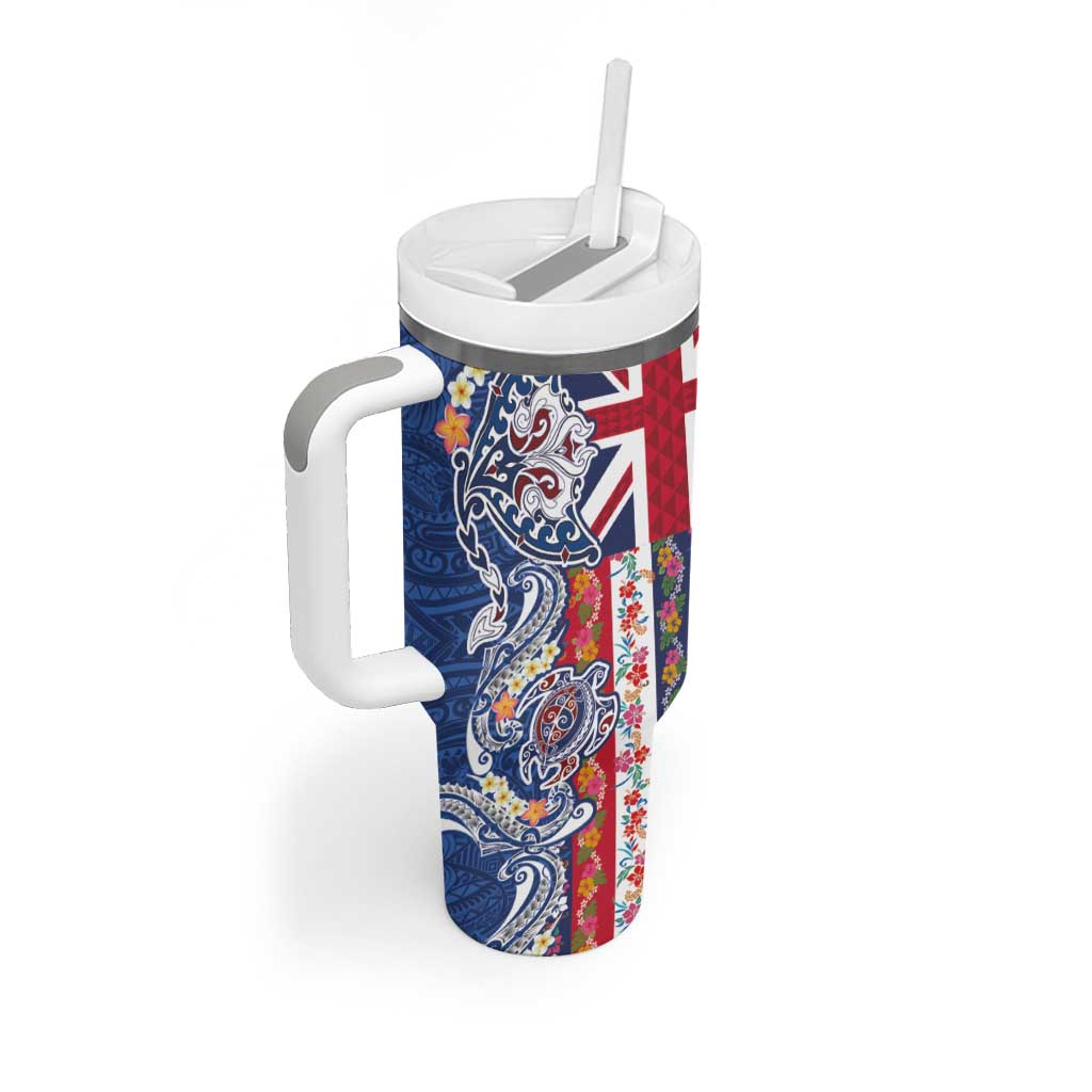 Hawaiian Manta Ray and Turtle Tribal Tattoo Tumbler With Handle With Hawaii Flag and Flowers