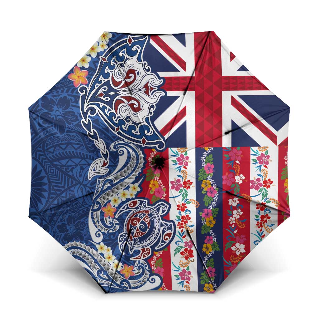 Hawaiian Manta Ray and Turtle Tribal Tattoo Umbrella With Hawaii Flag and Flowers LT03 One Size Folded 11.42 inch Opened Diameter 37.4 inch Multicolor - Polynesian Pride