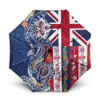 Hawaiian Manta Ray and Turtle Tribal Tattoo Umbrella With Hawaii Flag and Flowers LT03 One Size Folded 11.42 inch Opened Diameter 37.4 inch Multicolor - Polynesian Pride