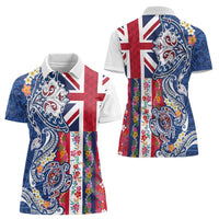 Hawaiian Manta Ray and Turtle Tribal Tattoo Women Polo Shirt With Hawaii Flag and Flowers