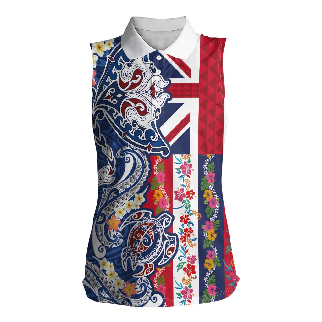 Hawaiian Manta Ray and Turtle Tribal Tattoo Women Sleeveless Polo Shirt With Hawaii Flag and Flowers
