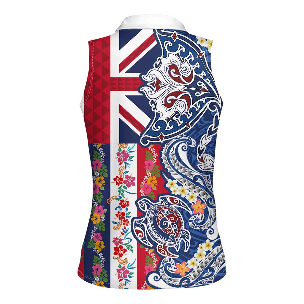 Hawaiian Manta Ray and Turtle Tribal Tattoo Women Sleeveless Polo Shirt With Hawaii Flag and Flowers