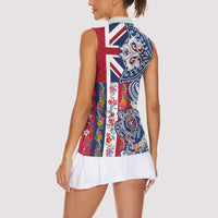 Hawaiian Manta Ray and Turtle Tribal Tattoo Women Sleeveless Polo Shirt With Hawaii Flag and Flowers