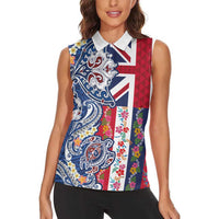 Hawaiian Manta Ray and Turtle Tribal Tattoo Women Sleeveless Polo Shirt With Hawaii Flag and Flowers