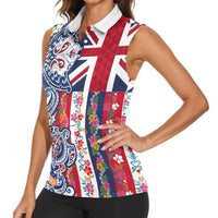 Hawaiian Manta Ray and Turtle Tribal Tattoo Women Sleeveless Polo Shirt With Hawaii Flag and Flowers