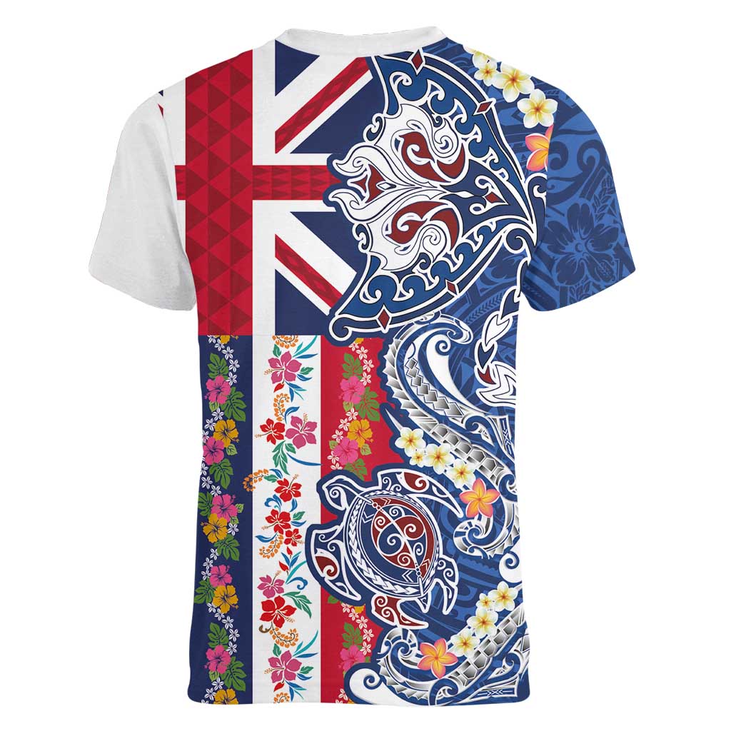 Hawaiian Manta Ray and Turtle Tribal Tattoo Women V-Neck T-Shirt With Hawaii Flag and Flowers