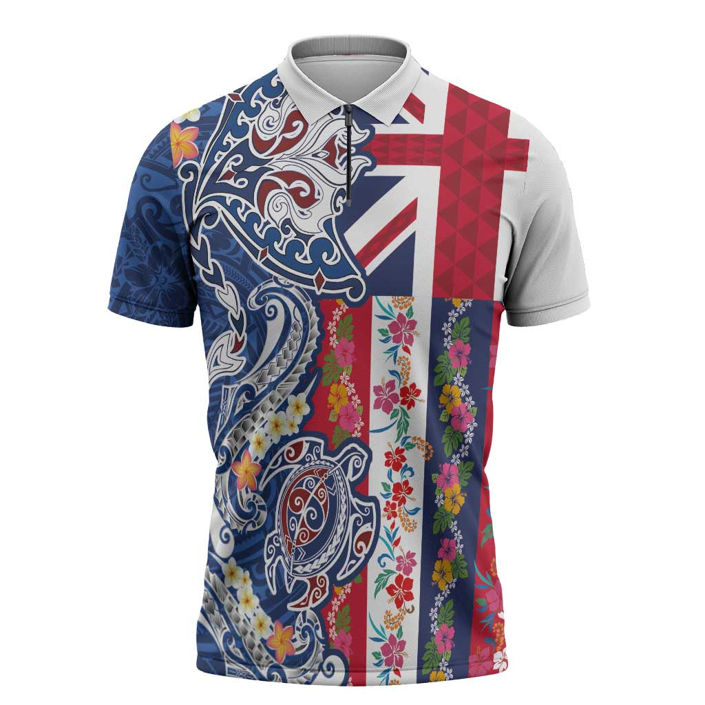 Hawaiian Manta Ray and Turtle Tribal Tattoo Zipper Polo Shirt With Hawaii Flag and Flowers