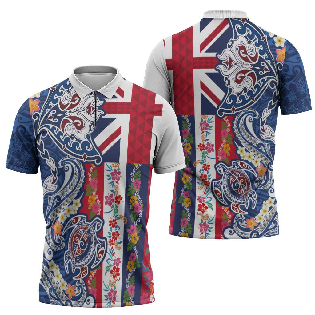 Hawaiian Manta Ray and Turtle Tribal Tattoo Zipper Polo Shirt With Hawaii Flag and Flowers