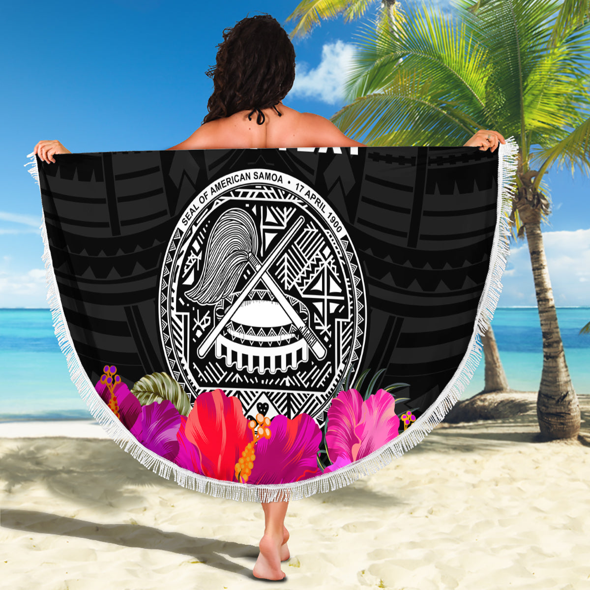 Personalized American Samoa Flag Day Beach Blanket Tanoa and Fue mix Hibiscus Flower Polynesian Pattern
