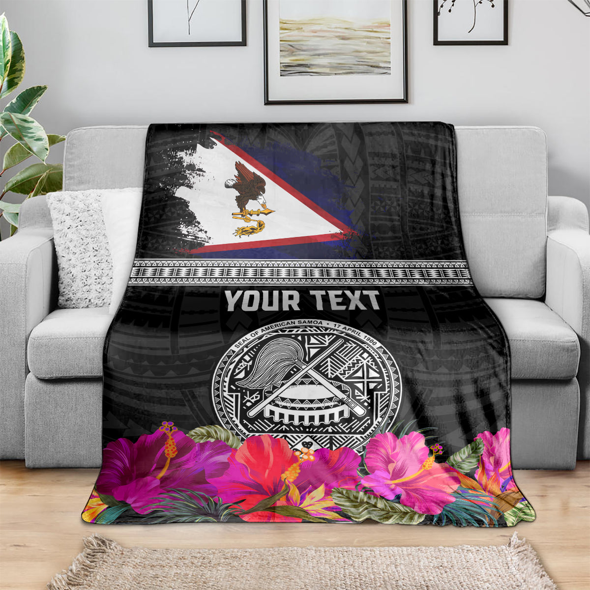 Personalized American Samoa Flag Day Blanket Tanoa and Fue mix Hibiscus Flower Polynesian Pattern