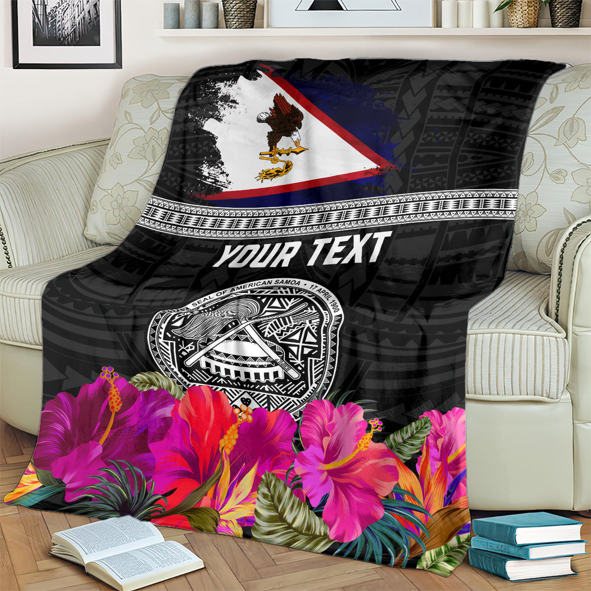 Personalized American Samoa Flag Day Blanket Tanoa and Fue mix Hibiscus Flower Polynesian Pattern
