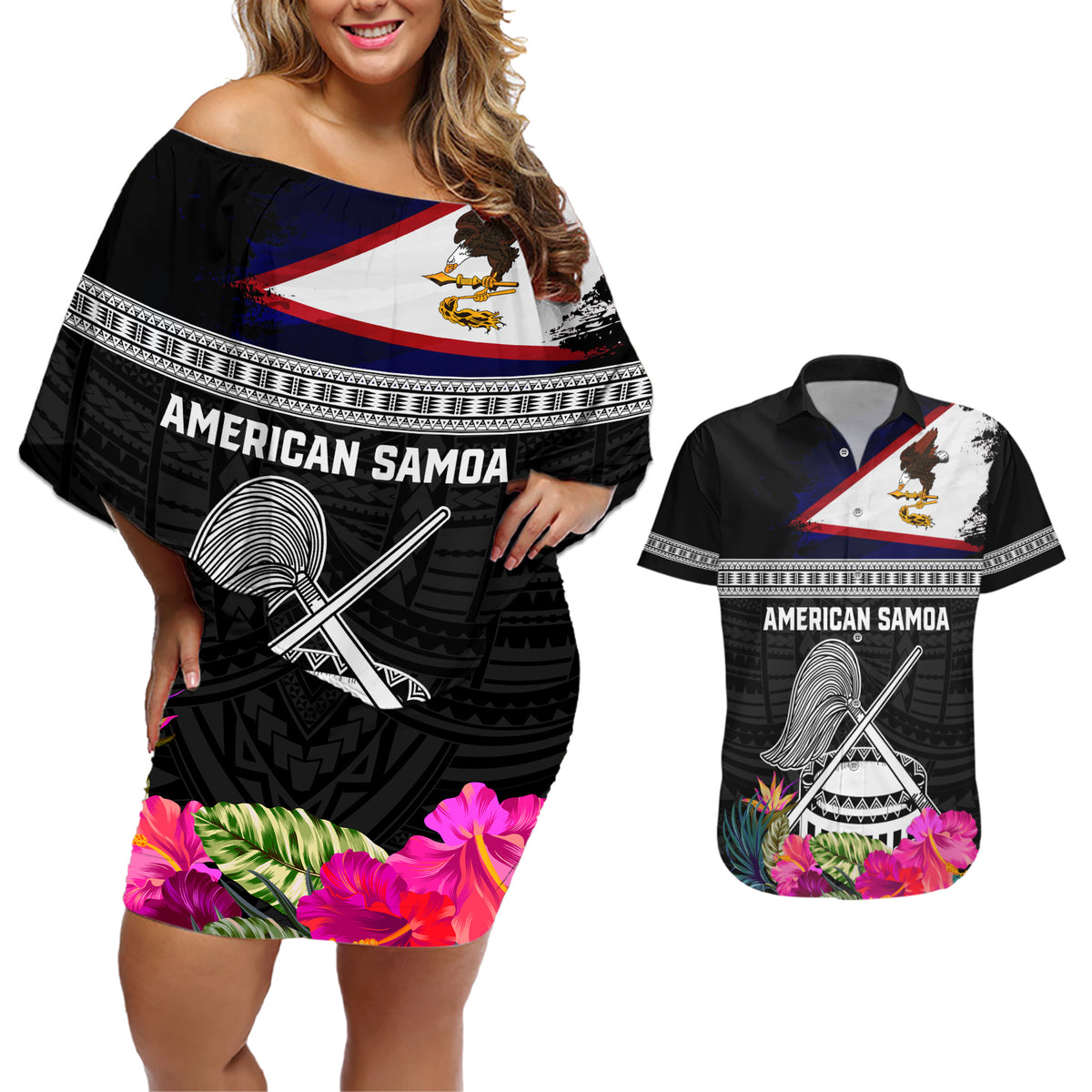 Personalized American Samoa Flag Day Couples Matching Off Shoulder Short Dress and Hawaiian Shirt Tanoa and Fue mix Hibiscus Flower Polynesian Pattern