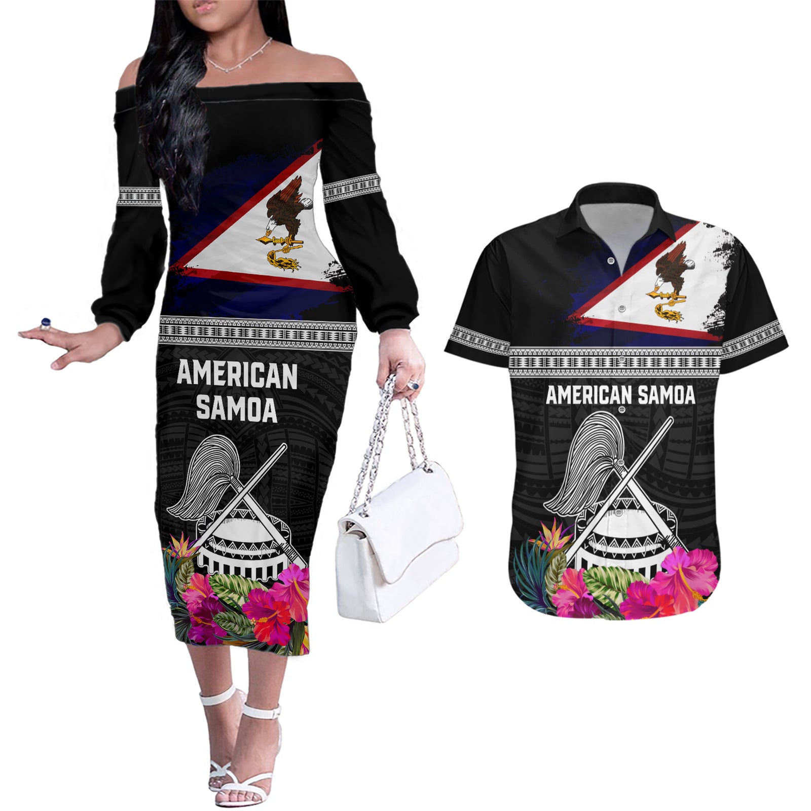Personalized American Samoa Flag Day Couples Matching Off The Shoulder Long Sleeve Dress and Hawaiian Shirt Tanoa and Fue mix Hibiscus Flower Polynesian Pattern