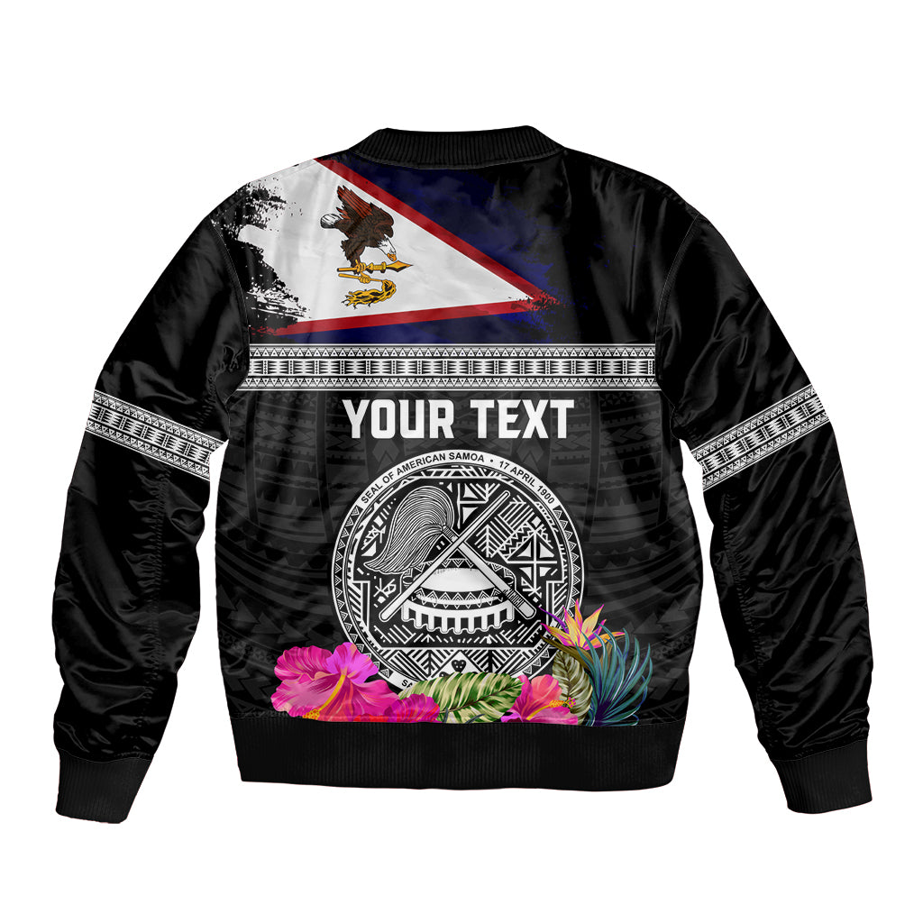 Personalized American Samoa Flag Day Sleeve Zip Bomber Jacket Tanoa and Fue mix Hibiscus Flower Polynesian Pattern