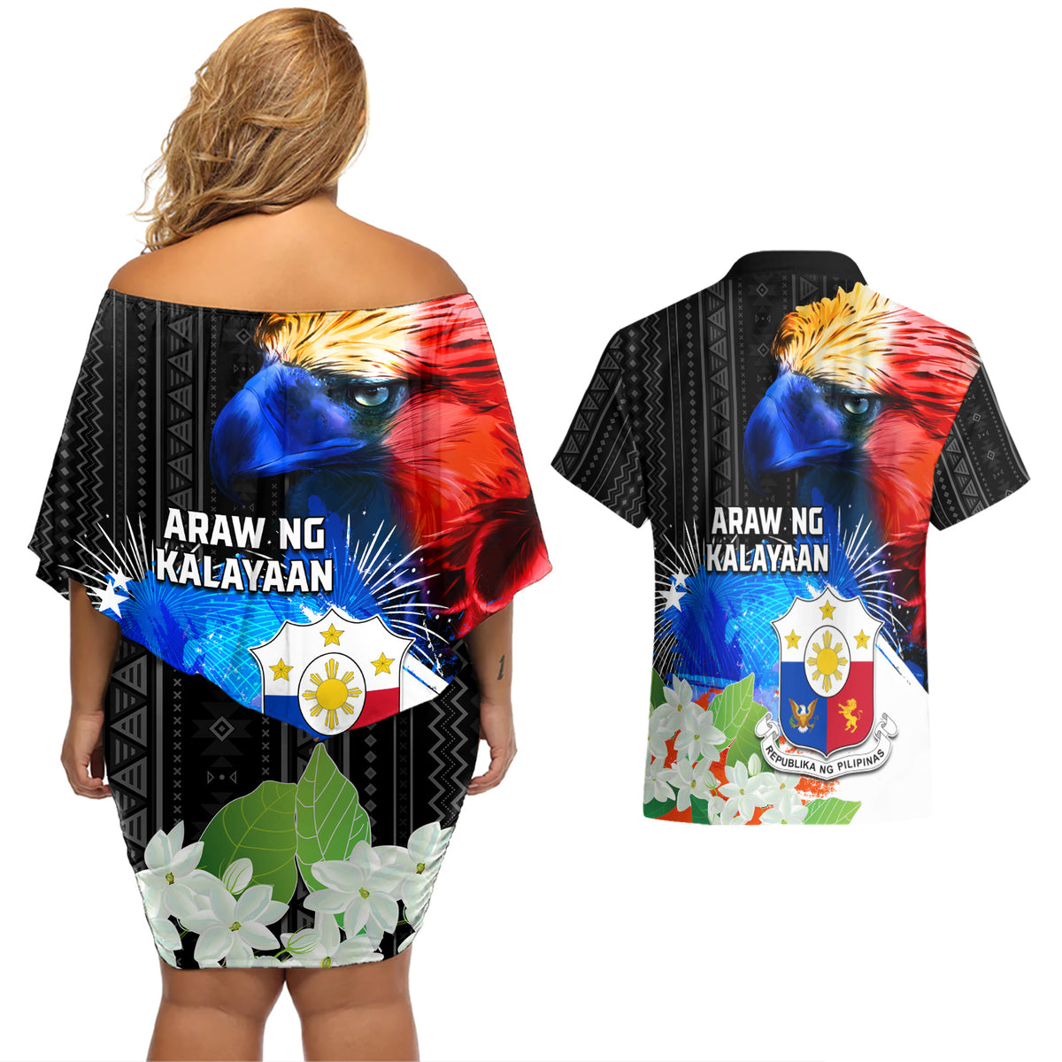 Philippines Independence Day Couples Matching Off Shoulder Short Dress and Hawaiian Shirt Philippines Eagle and Sampaguita Jasmine Yakan Tribal