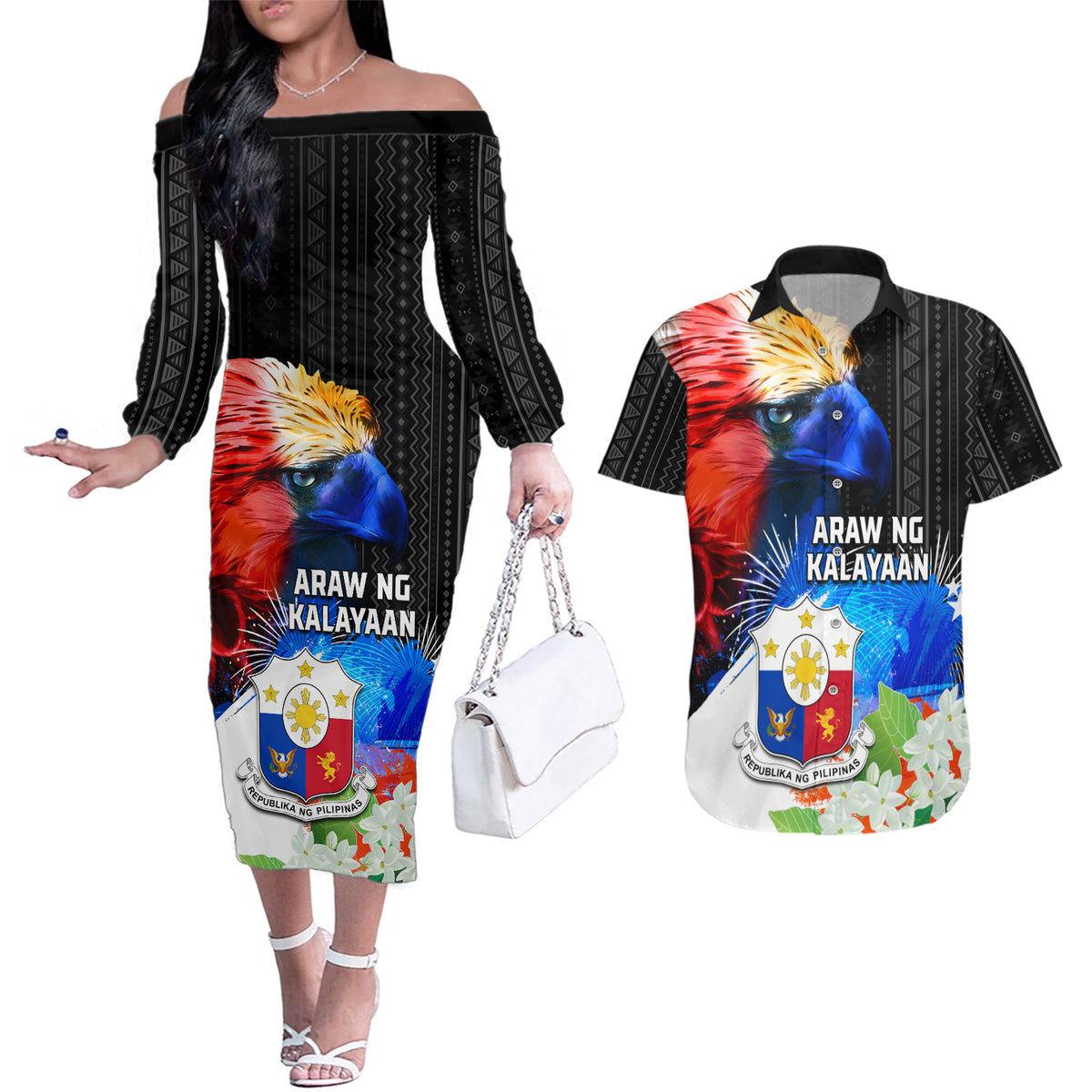 Philippines Independence Day Couples Matching Off The Shoulder Long Sleeve Dress and Hawaiian Shirt Philippines Eagle and Sampaguita Jasmine Yakan Tribal