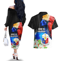 Philippines Independence Day Couples Matching Off The Shoulder Long Sleeve Dress and Hawaiian Shirt Philippines Eagle and Sampaguita Jasmine Yakan Tribal