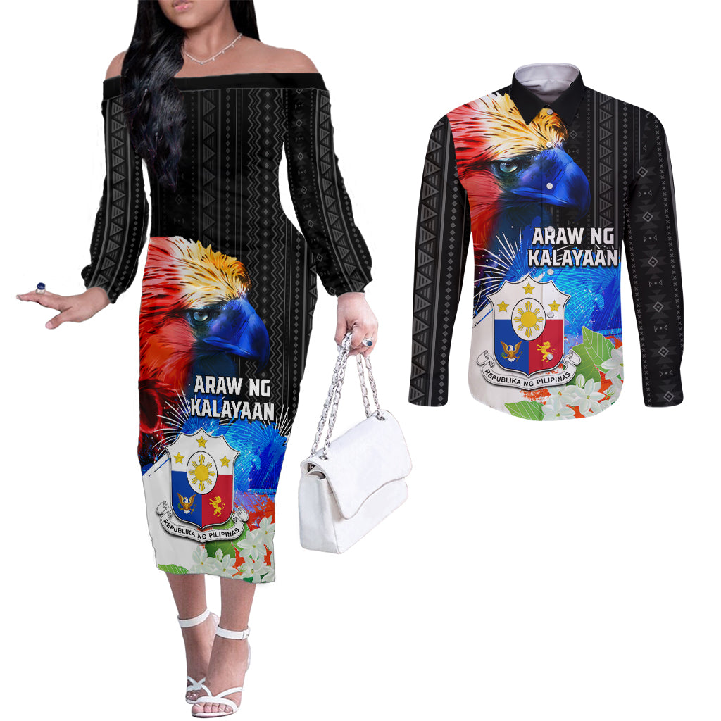 Philippines Independence Day Couples Matching Off The Shoulder Long Sleeve Dress and Long Sleeve Button Shirt Philippines Eagle and Sampaguita Jasmine Yakan Tribal