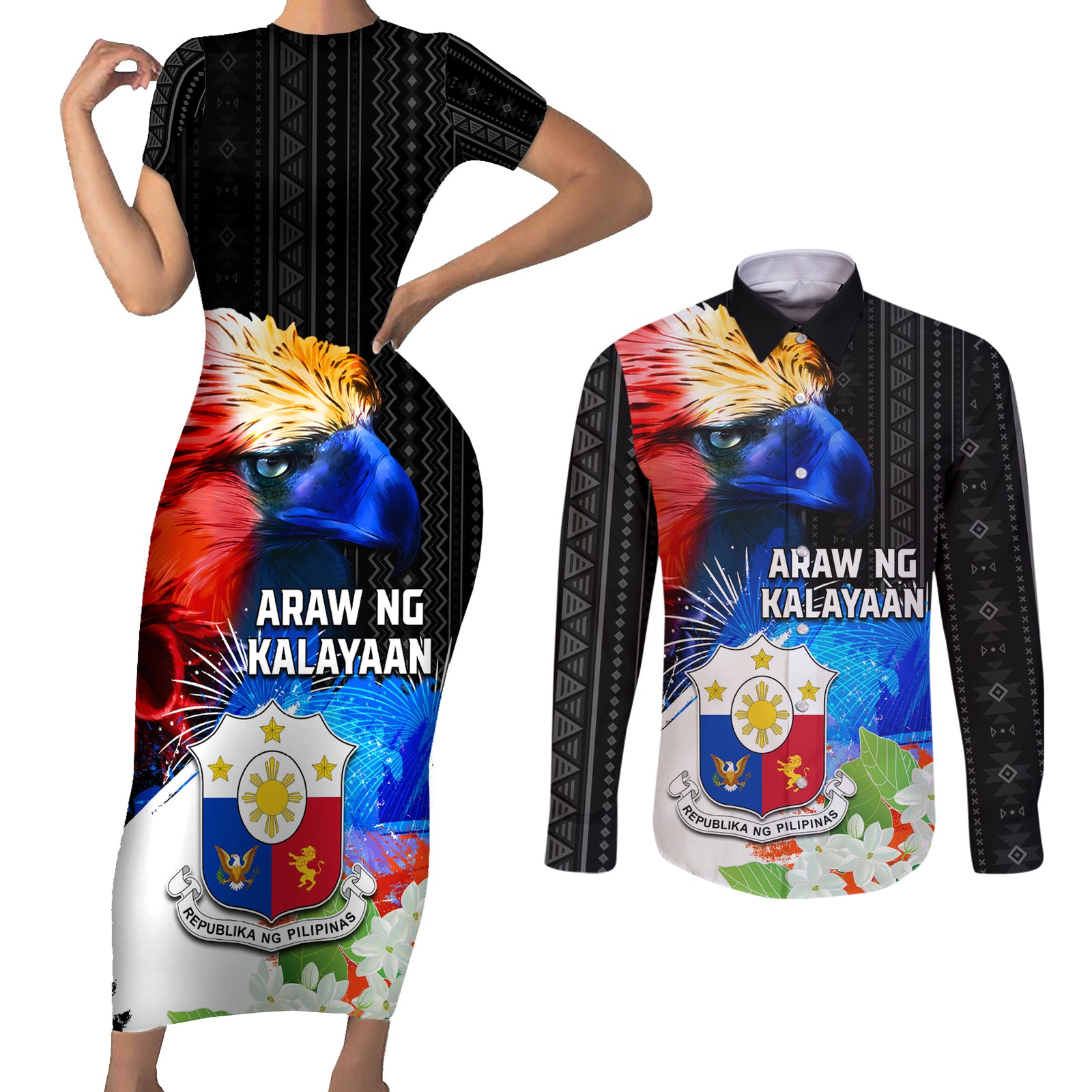 Philippines Independence Day Couples Matching Short Sleeve Bodycon Dress and Long Sleeve Button Shirt Philippines Eagle and Sampaguita Jasmine Yakan Tribal