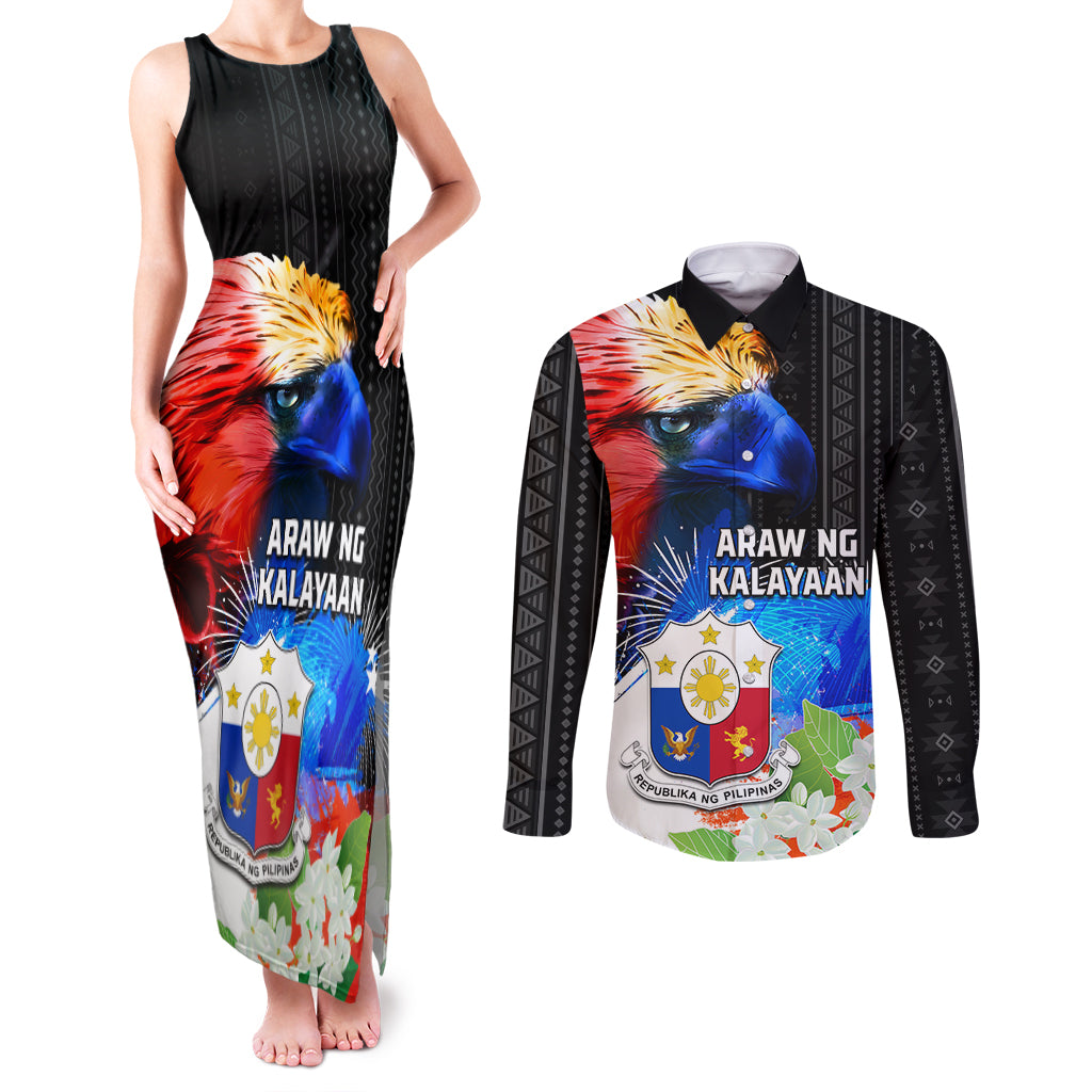 Philippines Independence Day Couples Matching Tank Maxi Dress and Long Sleeve Button Shirt Philippines Eagle and Sampaguita Jasmine Yakan Tribal