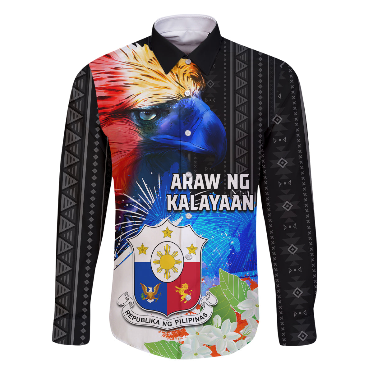 Philippines Independence Day Family Matching Off Shoulder Short Dress and Hawaiian Shirt Philippines Eagle and Sampaguita Jasmine Yakan Tribal