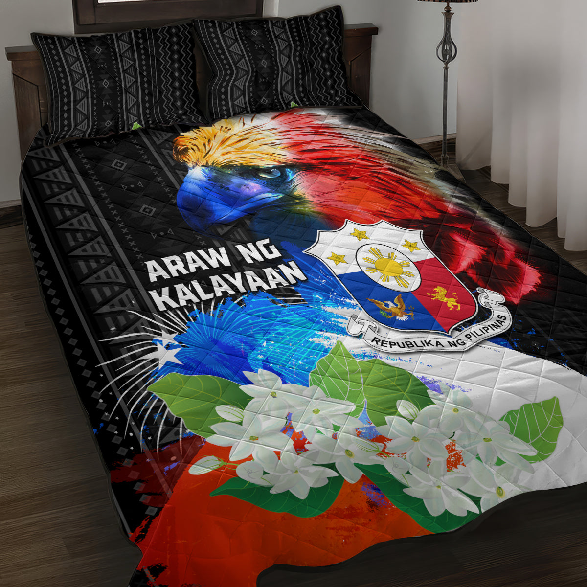 Philippines Independence Day Quilt Bed Set Philippines Eagle and Sampaguita Jasmine Yakan Tribal