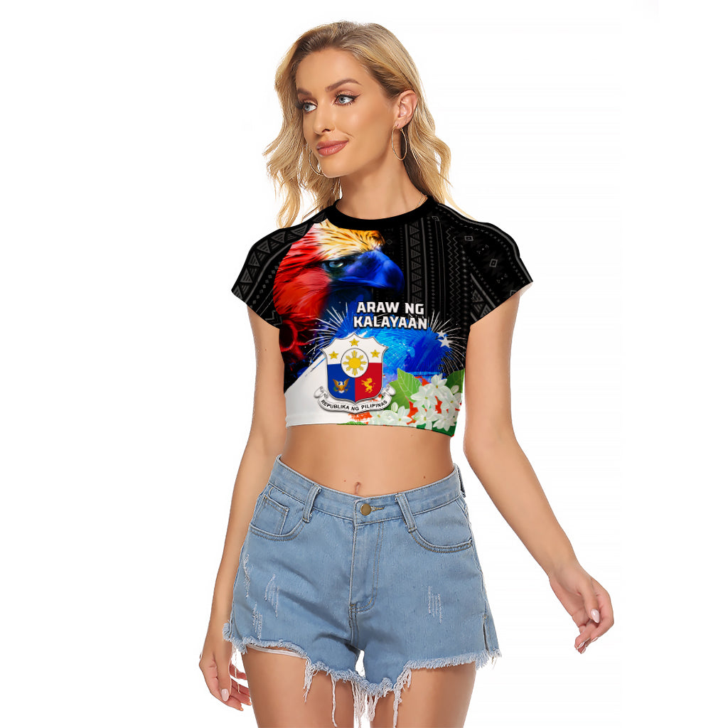 Philippines Independence Day Raglan Cropped T Shirt Philippines Eagle and Sampaguita Jasmine Yakan Tribal