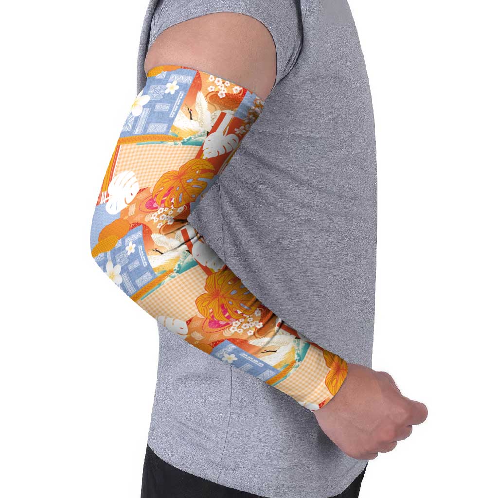 Hawaiian and Japanese Culture Together Arm Sleeves Palaka Japanese Art and Tropical Motif Tribal Patchwork