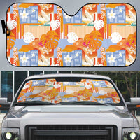 Hawaiian and Japanese Culture Together Auto Sun Shade Palaka Japanese Art and Tropical Motif Tribal Patchwork