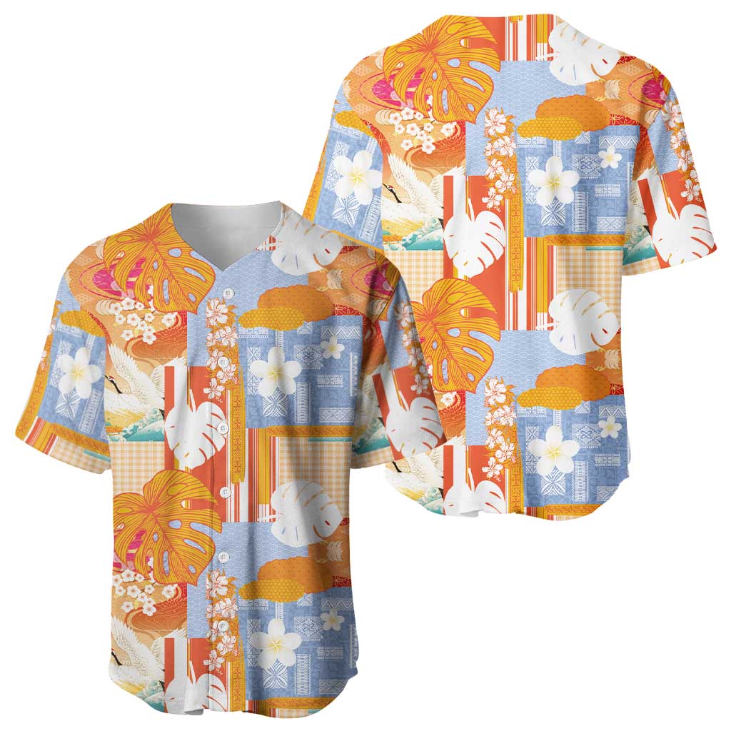 Hawaiian and Japanese Culture Together Baseball Jersey Palaka Japanese Art and Tropical Motif Tribal Patchwork