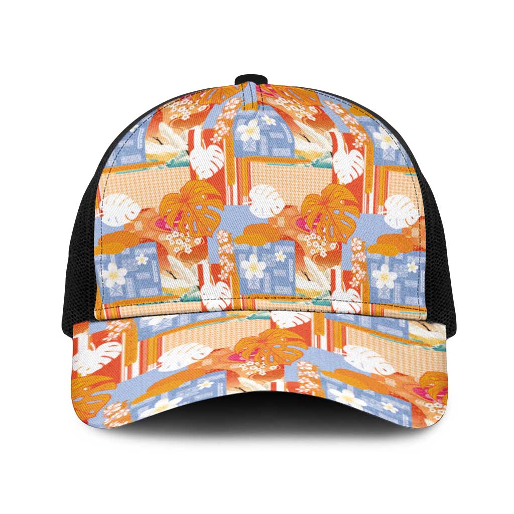 Hawaiian and Japanese Culture Together Baseball Net Cap Palaka Japanese Art and Tropical Motif Tribal Patchwork