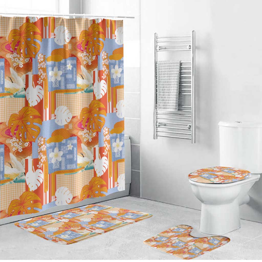 Hawaiian and Japanese Culture Together Bathroom Set Palaka Japanese Art and Tropical Motif Tribal Patchwork