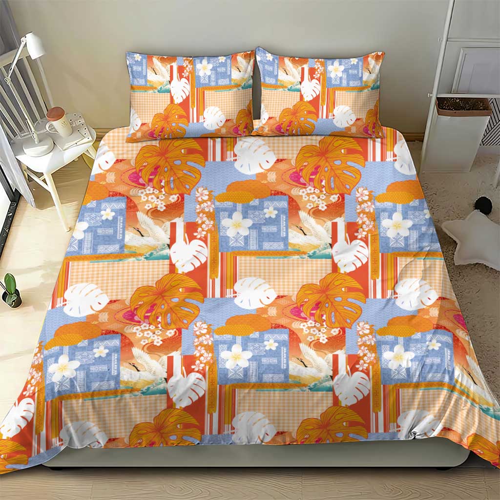 Hawaiian and Japanese Culture Together Bedding Set Palaka Japanese Art and Tropical Motif Tribal Patchwork