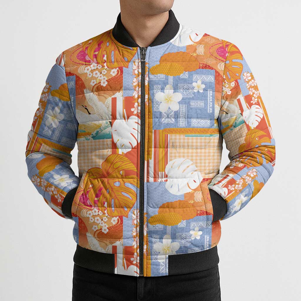 Hawaiian and Japanese Culture Together Bomber Puffer Jacket Palaka Japanese Art and Tropical Motif Tribal Patchwork