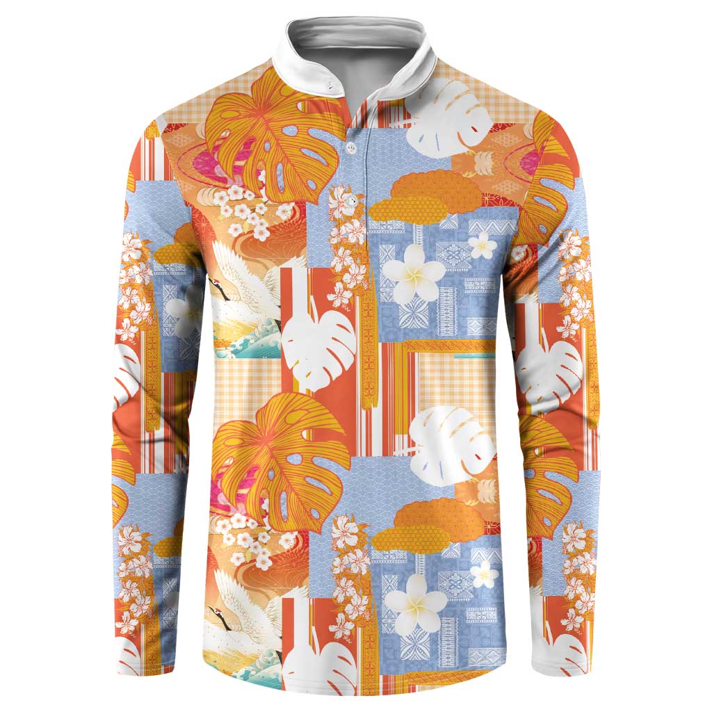 Hawaiian and Japanese Culture Together Button Sweatshirt Palaka Japanese Art and Tropical Motif Tribal Patchwork