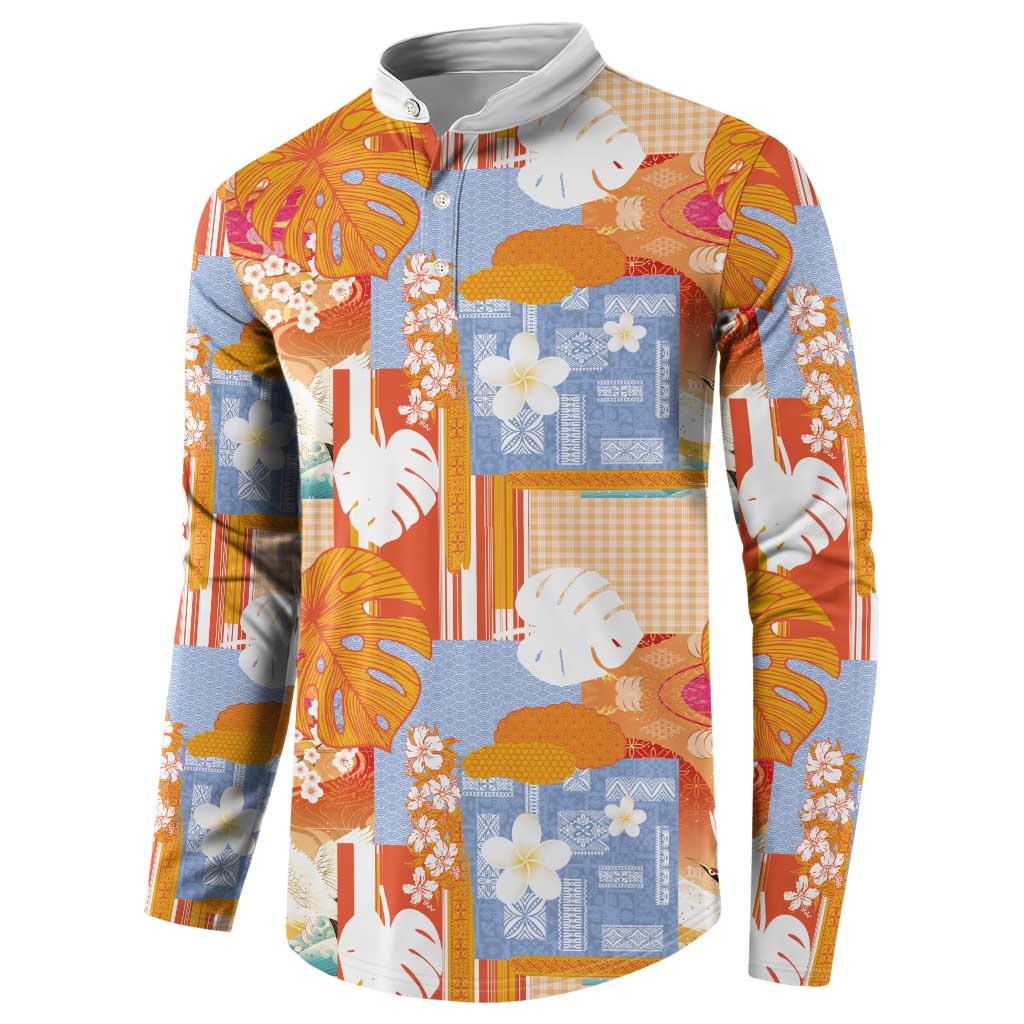 Hawaiian and Japanese Culture Together Button Sweatshirt Palaka Japanese Art and Tropical Motif Tribal Patchwork