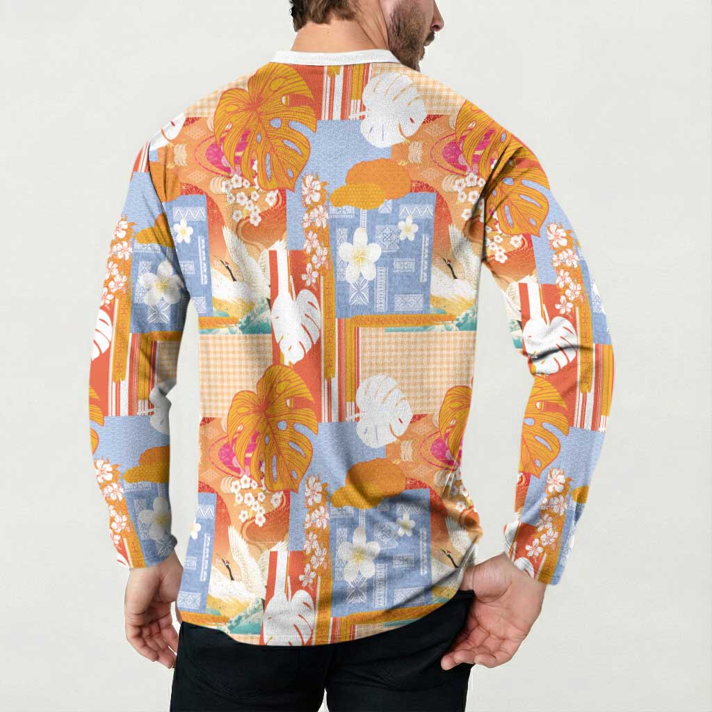 Hawaiian and Japanese Culture Together Button Sweatshirt Palaka Japanese Art and Tropical Motif Tribal Patchwork