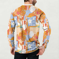 Hawaiian and Japanese Culture Together Button Sweatshirt Palaka Japanese Art and Tropical Motif Tribal Patchwork