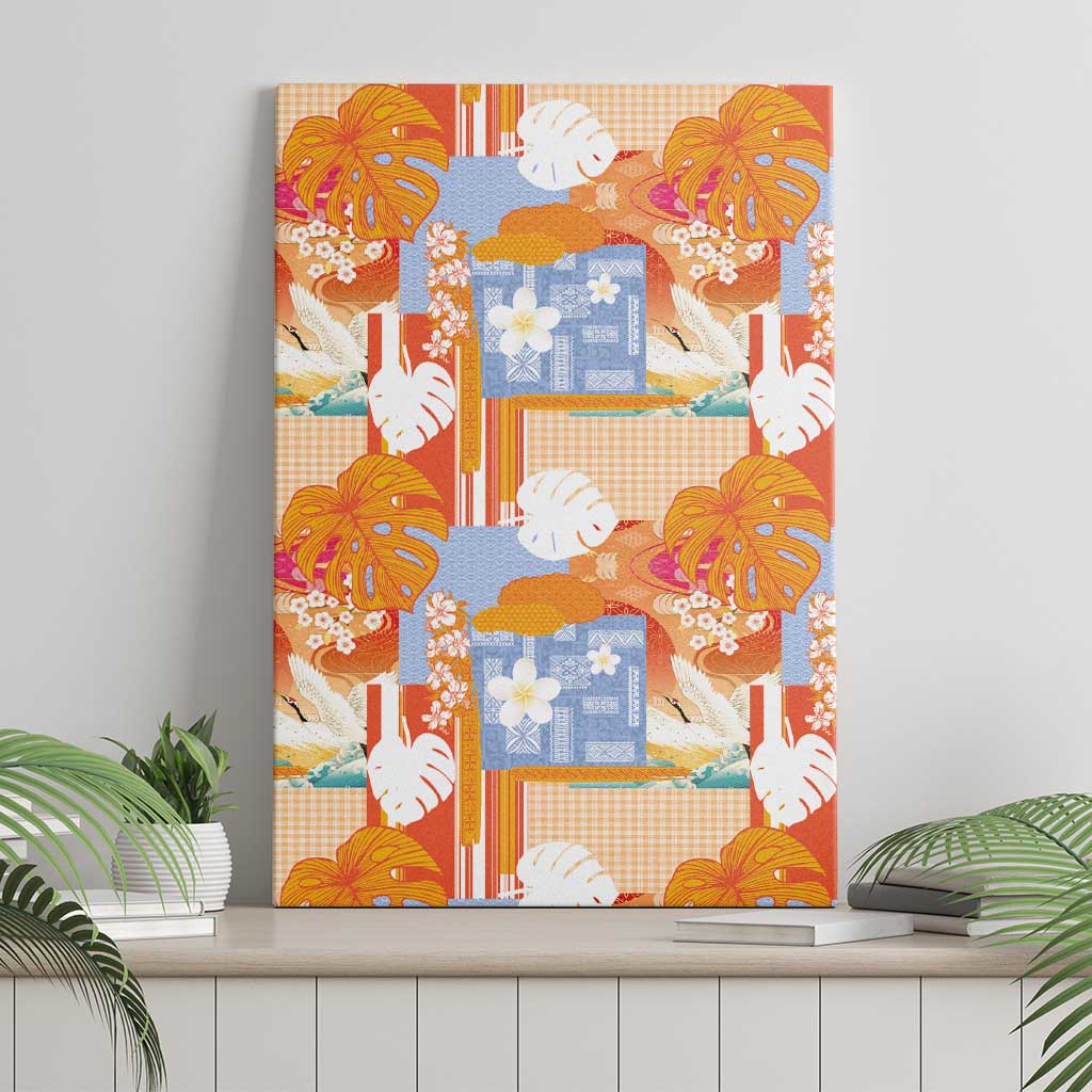 Hawaiian and Japanese Culture Together Canvas Wall Art Palaka Japanese Art and Tropical Motif Tribal Patchwork