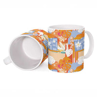 Hawaiian and Japanese Culture Together Ceramic Mug Palaka Japanese Art and Tropical Motif Tribal Patchwork