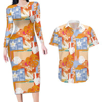 Hawaiian and Japanese Culture Together Couples Matching Long Sleeve Bodycon Dress and Hawaiian Shirt Palaka Japanese Art and Tropical Motif Tribal Patchwork LT03 Multicolor - Polynesian Pride