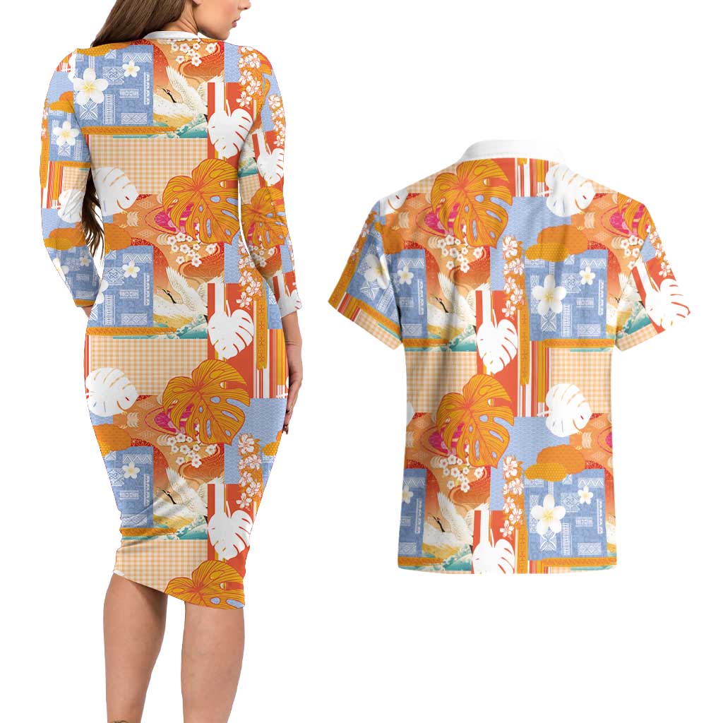 Hawaiian and Japanese Culture Together Couples Matching Long Sleeve Bodycon Dress and Hawaiian Shirt Palaka Japanese Art and Tropical Motif Tribal Patchwork LT03 - Polynesian Pride