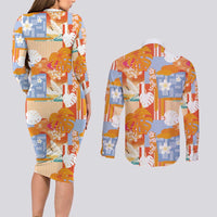 Hawaiian and Japanese Culture Together Couples Matching Long Sleeve Bodycon Dress and Long Sleeve Button Shirt Palaka Japanese Art and Tropical Motif Tribal Patchwork
