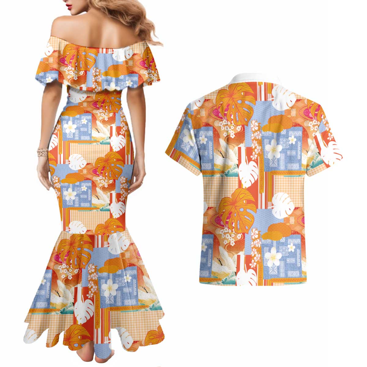 Hawaiian and Japanese Culture Together Couples Matching Mermaid Dress and Hawaiian Shirt Palaka Japanese Art and Tropical Motif Tribal Patchwork LT03 - Polynesian Pride