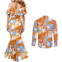 Hawaiian and Japanese Culture Together Couples Matching Mermaid Dress and Long Sleeve Button Shirt Palaka Japanese Art and Tropical Motif Tribal Patchwork