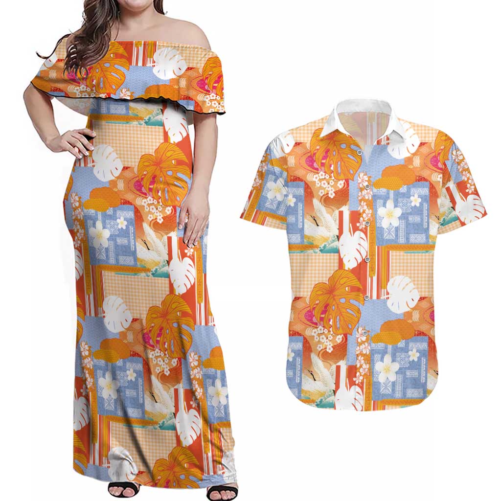 Hawaiian and Japanese Culture Together Couples Matching Off Shoulder Maxi Dress and Hawaiian Shirt Palaka Japanese Art and Tropical Motif Tribal Patchwork