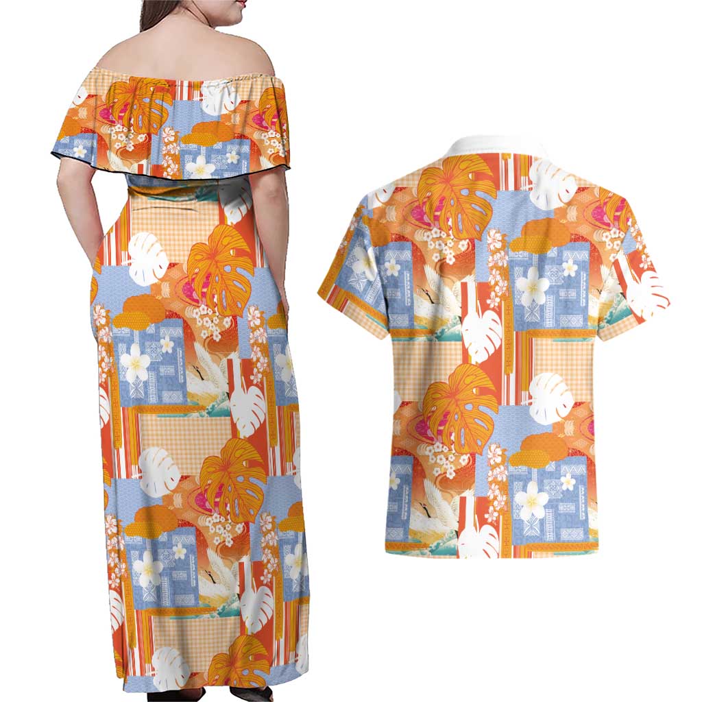 Hawaiian and Japanese Culture Together Couples Matching Off Shoulder Maxi Dress and Hawaiian Shirt Palaka Japanese Art and Tropical Motif Tribal Patchwork