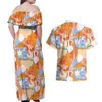 Hawaiian and Japanese Culture Together Couples Matching Off Shoulder Maxi Dress and Hawaiian Shirt Palaka Japanese Art and Tropical Motif Tribal Patchwork