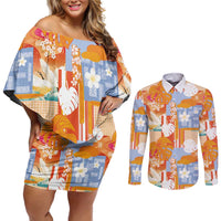 Hawaiian and Japanese Culture Together Couples Matching Off Shoulder Short Dress and Long Sleeve Button Shirt Palaka Japanese Art and Tropical Motif Tribal Patchwork